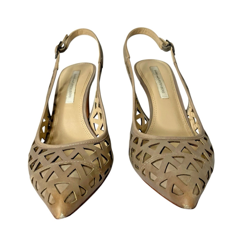 Diane VonFurstenberg Slingback Pointed‎ Toe Cutout Heels Size 9.5M Tan Leather - Picture 3 of 13